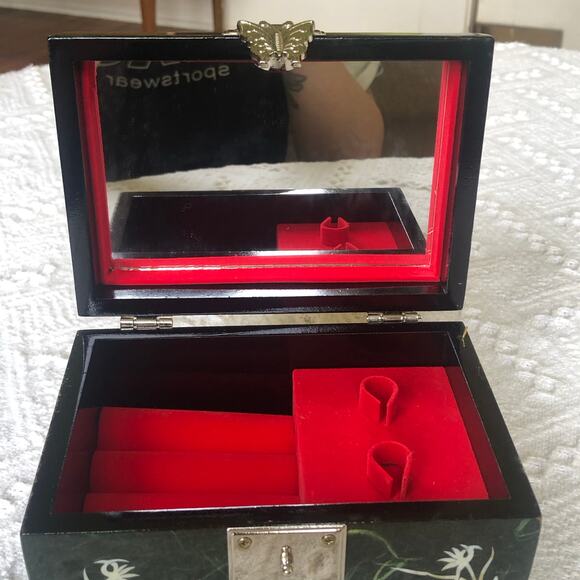 VTG Mother of Pearl Inlay Lacquer Jewelry Music Box Green Birds Mirror 6"x3.5" - Picture 9 of 13